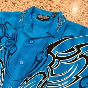 Y2K Silver Point Tribal Shirt XL Blue Button Up Cyber Tribal 2000s Clubwear